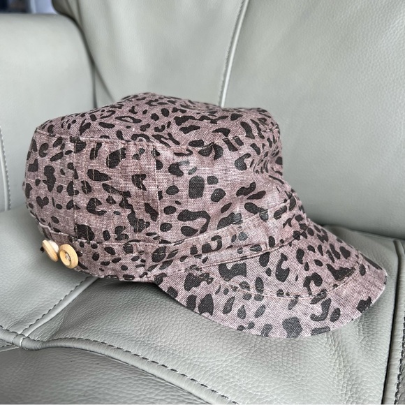 GRAY Saks Fifth Avenue Linen Cotton Leopard Print Cap Hat Animal Print - Picture 13 of 14